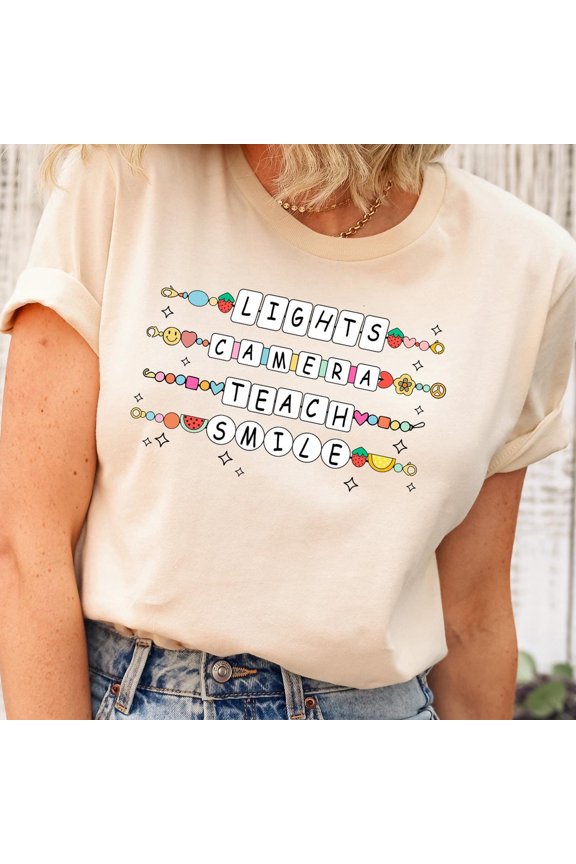 Comfort Colors Groovy Teacher Shirt, Lights Camera Teach Tee with Fun Graphics, Back To School Friendship Bracelet T-Shirt