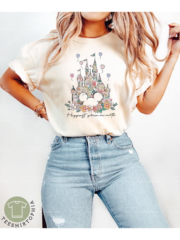 Comfort Colors® Happiest Place on Earth Shirt, Disney Castle Floral Shirt, Magic Kingdom Shirt, Disneyland Shirt, Retro Disneyworld Shirt, Blossom Color, Size S
