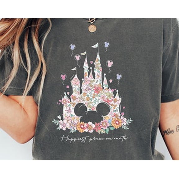 Comfort Colors® Happiest Place On Earth Shirt, Magic Kingdom Shirt, Disney Castle Floral Shirt, Magical World Shirt, Disney World Shirt, Dark Heather Tshirt
