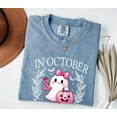 thumbnail image 1 of Comfort Colors “In October We Wear Pink” Sweatshirt – Breast Cancer Awareness Shirt, Retro Halloween Pink Ghost Shirt, Cute Fall Graphic Tee, 1 of 8
