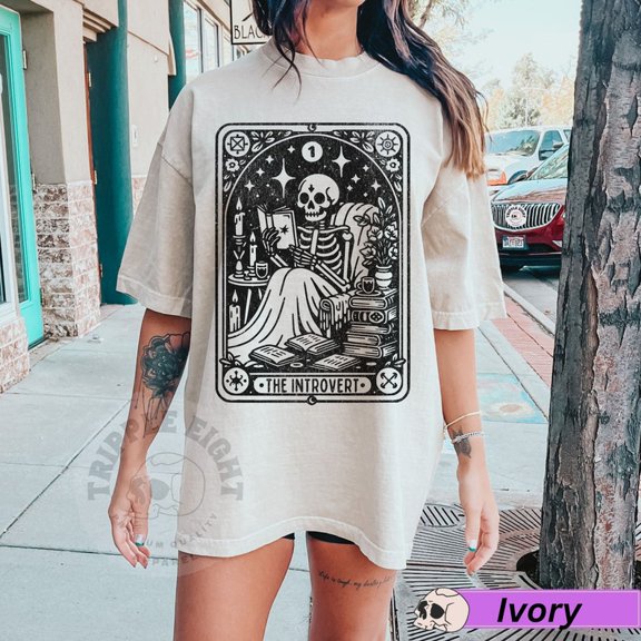 Comfort Colors The Introvert Tarot Card Reading Shirt, Witchy Introvert Skull Reader T-Shirt, Bookish Shirt, Introvert Skeleton Bookish Shirt, Bookworm Tee