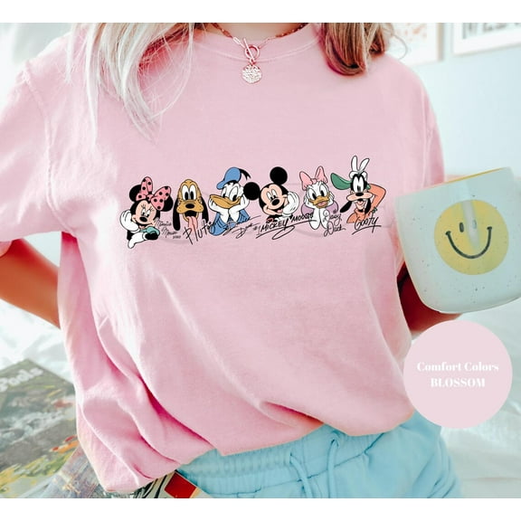 Comfort Colors Mickey and Friends Signatures T-Shirt, Disney World, Disneyland, Mickey and Co Disney Shirt Magical Kingdom,Blossom color,size M