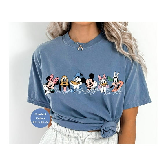 Comfort Colors Mickey and Friends Signatures T-Shirt, Disney World, Disneyland, Mickey and Co Disney Shirt Magical Kingdom,Blue Jean color,size 2XL