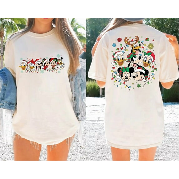 Comfort Colors Mickey and Friends T-Shirt, Two-Sides Disney Family Christmas Tee, Holiday Gift Shirt,Ivory Color,Size M