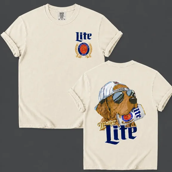 Comfort Colors Miller Dog & Beer MLite Graphic T-Shirt, Funny Beer Lover Tee, Patriotic Summer Drinking Shirt, BBQ Beach Vacation Gift