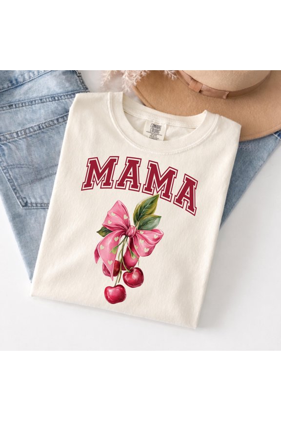Comfort Colors® Mothers Day Shirt, Mama Cherry Bow T-Shirt, Cute Vintage Style Mom Tee, Mothers Day Gift, Gift For Her