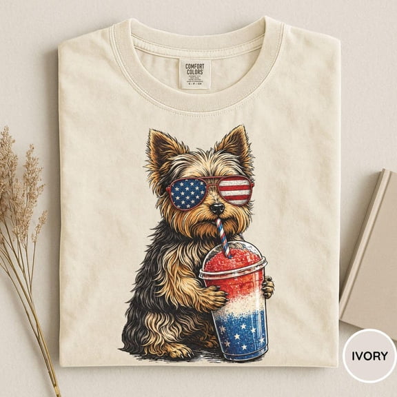 Comfort Colors® Patriotic Yorkie Drinking Slushie Shirt, 4th of July Animal Meme Graphic Tee, Funny Yorkie Shirt, Cute Yorkie Tee, Funny Dog