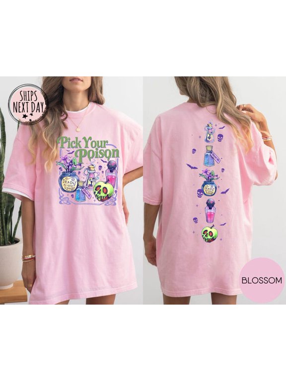 Comfort Colors® Pick Your Poison Halloween Graphic T-Shirt, Two-Sided Fairytale Villains Design, Spooky Season Tee