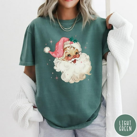 Comfort Colors Pink Santa Retro Christmas Unisex T-Shirt, Trendy Holiday Cute Tee