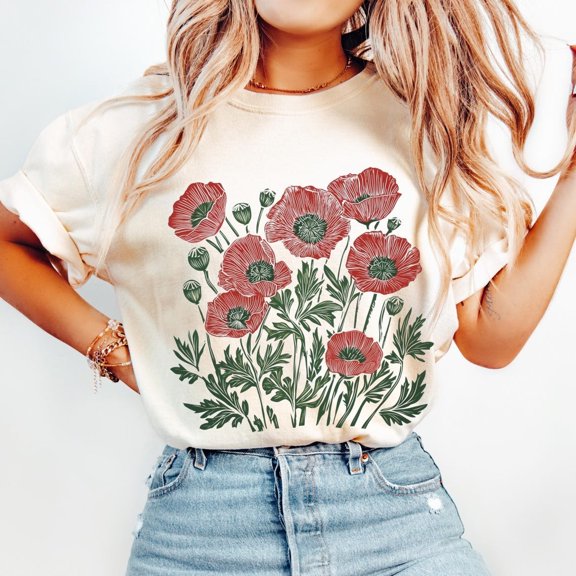 Comfort Colors Poppies Linocut T-Shirt, Boho Floral Vintage Tee, Cottagecore Wildflower Gift