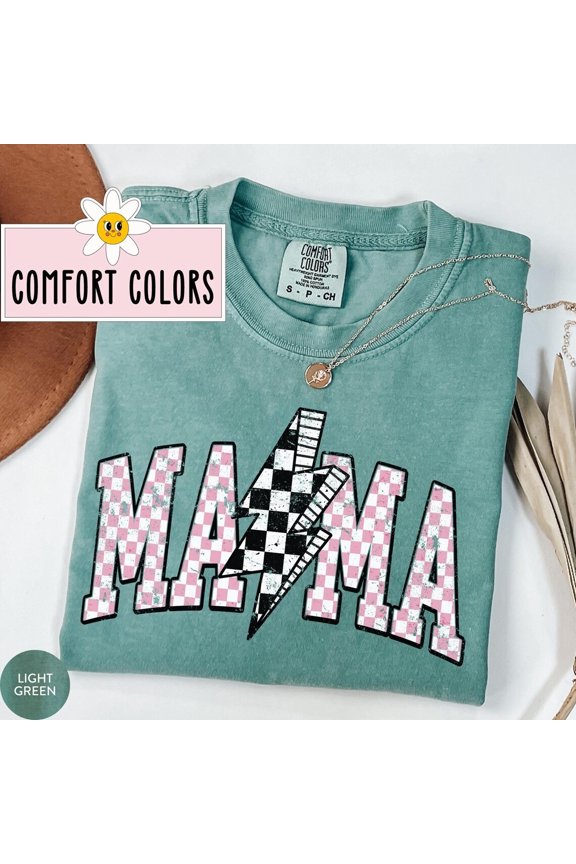 Comfort Colors Retro Checkered Mama T-Shirt, Lightning Bolt Mama Tee, Mother’s Day Gift for Mom, Homeschool Mom Shirt