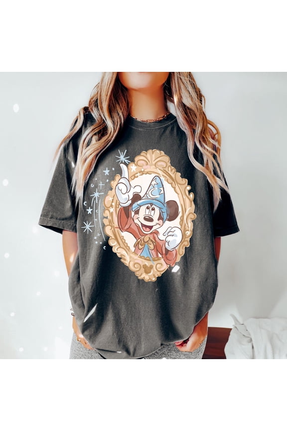 Comfort Colors Retro Disney Fantasia Mickey T-Shirt, Disney Magic Sorcerer Mickey Wizard Mickey Tee,Pepper color,size M