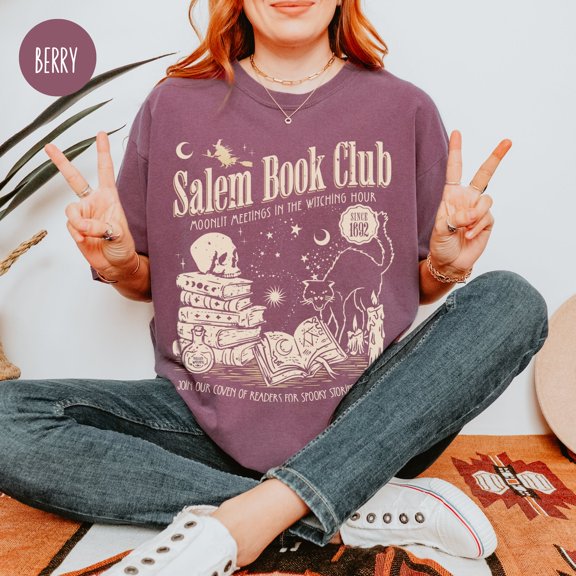Comfort Colors Salem Book Club Unisex Tshirt, Spooky Reader Funny Book Lover Halloween Tee, Salem Witches Spooky Season Shirt, Bookworm Halloween Witchy, Berry Color, Size S