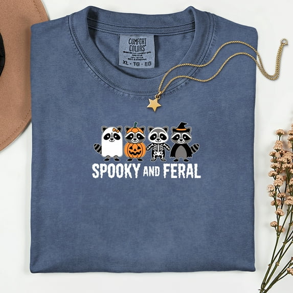 Comfort Colors® Spooky and Feral Raccoon Shirt, Funny Halloween Raccoon Shirt, Cute Trendy Womens Halloween T-Shirt, Vintage Fall Tshirt
