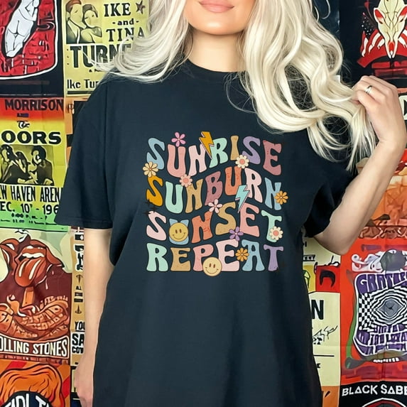 Comfort Colors Summer T-Shirt | Sunrise Sunburn Sunset Repeat Shirt | Summer Quote | Vacay Mode | Girls Weekend | Wavy Stacked Shirt (Colors:Butter; Sizes:S;)