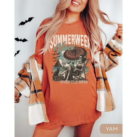 Comfort Colors Summerween T-Shirt, Halloween Shirt, Skeleton, Summerween, Retro Summer Halloween,Yam Color,Size L