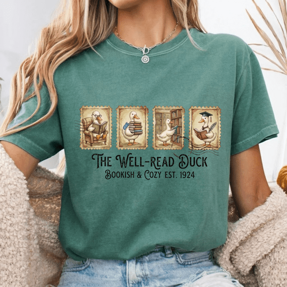 Comfort Colors T-Shirt, "The Well-Read Duck" Vintage Graphic Tee, Cozy Bookish Gift