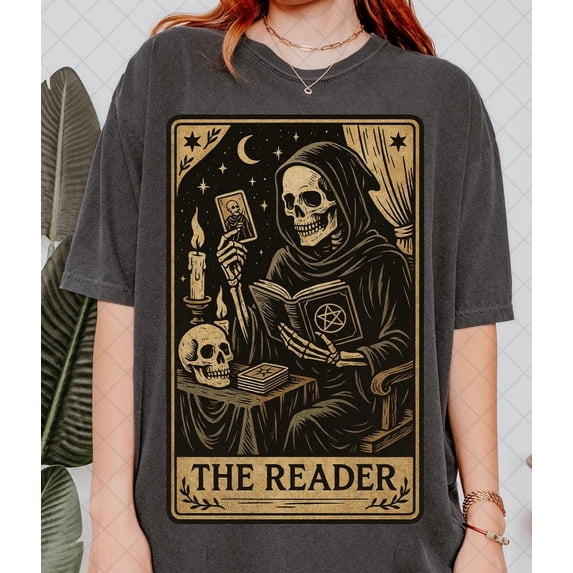 Comfort Colors The Reader Tarot Card Shirt, Skeleton Reading Shirt, Unisex Tarot Card Shirt, Book Lover Gift, Bookish Gift,Tarot Lover Shirt