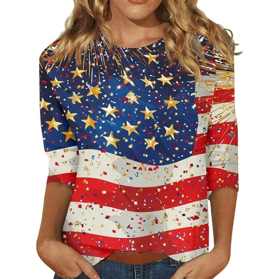 Comfort Colors Tshirt, Casual 3/4 Length Sleeve 4Th Of July Collar Pullover Top Red White And Royal Blue T Shirt Spring Tops For Women 2025 Mardi Gras Shirt Tops Tank Tops (3XL, Red) ZMTing