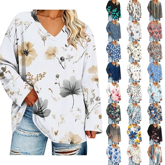 Comfort Colors Tshirt Sawvnm Women Fashion Plus-Size V-Neck Long Sleeved Printing Top L