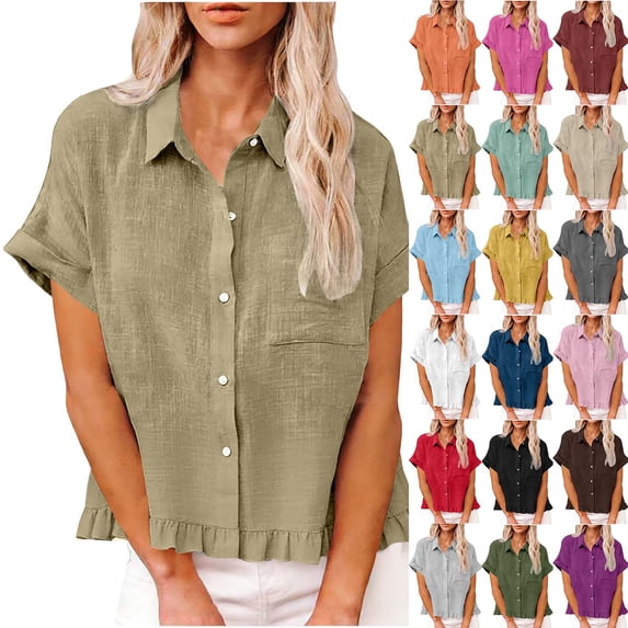 Comfort Colors Tshirt for Women Fashion Spring Clothing Fabric Solid Color Front Pocket Hem Fringe Short Sleeve Flared Collar Top