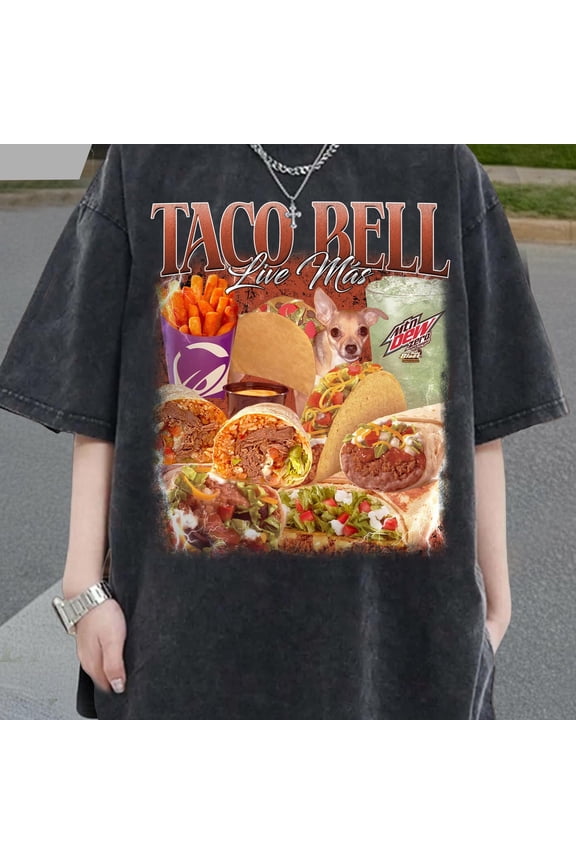 Comfort Colors Vintage 90s Taco Bell Graphic T-Shirt - Black Food Collage Design