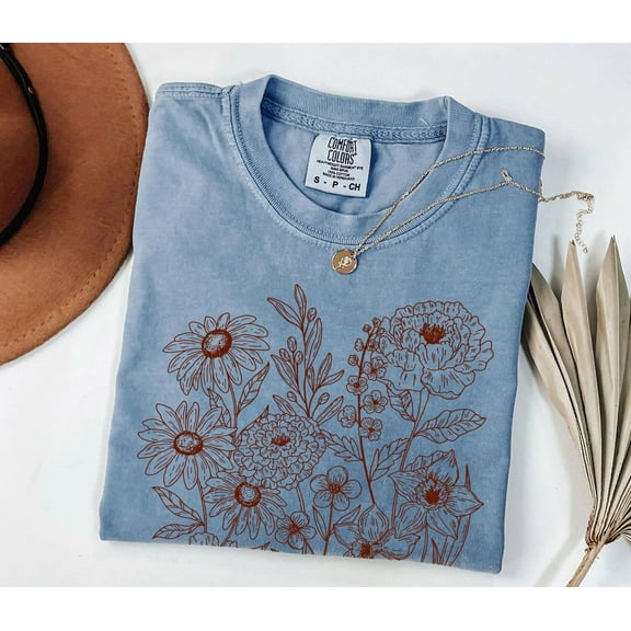 Comfort Colors Vintage Pressed Flower T-Shirt – Boho Cottagecore Botanical Wildflower Tee, Gardener Gift Floral Shirt