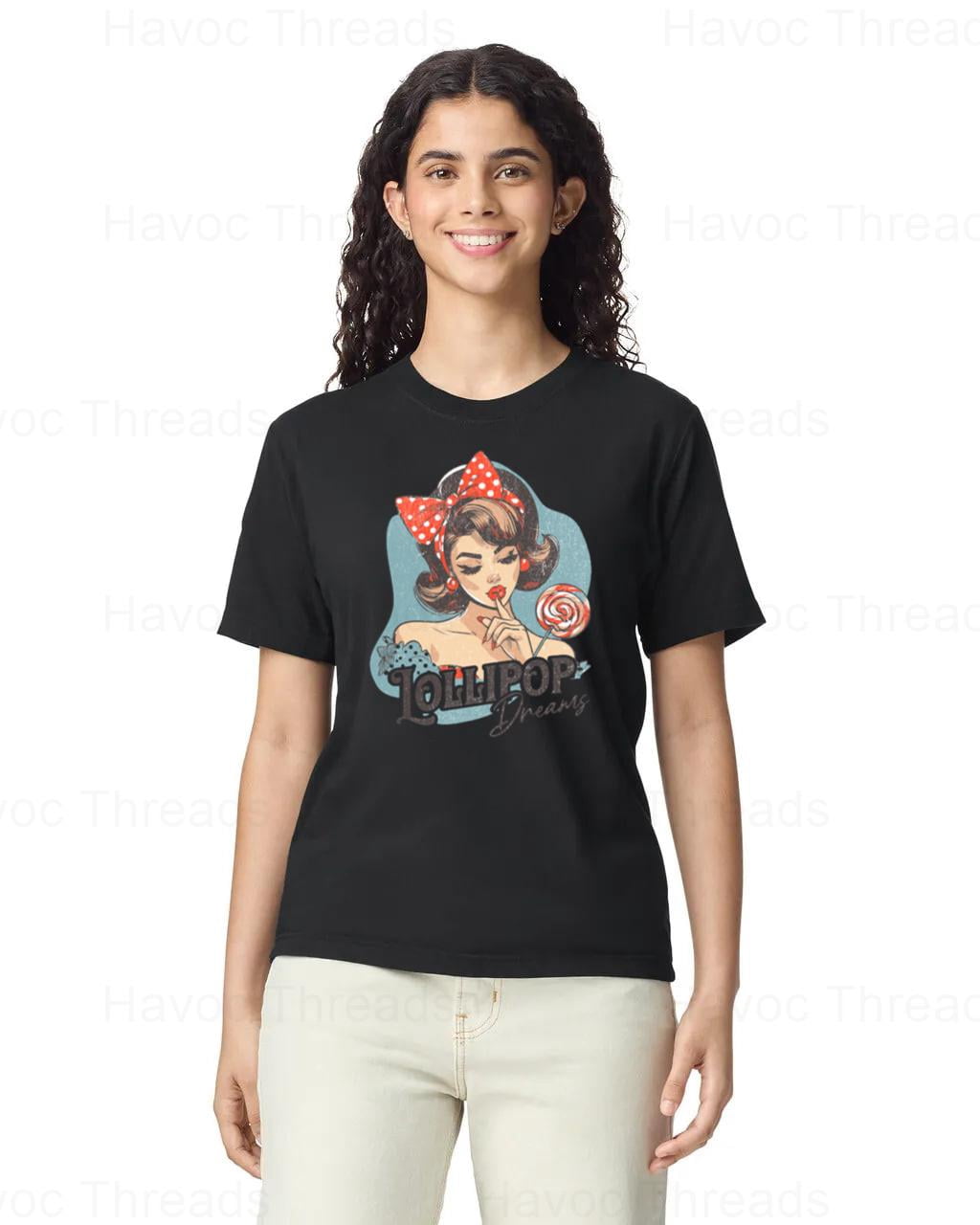 Comfort Colors Vintage Style Pinup Woman Lollipop Red Bow Hair Art Tee ...