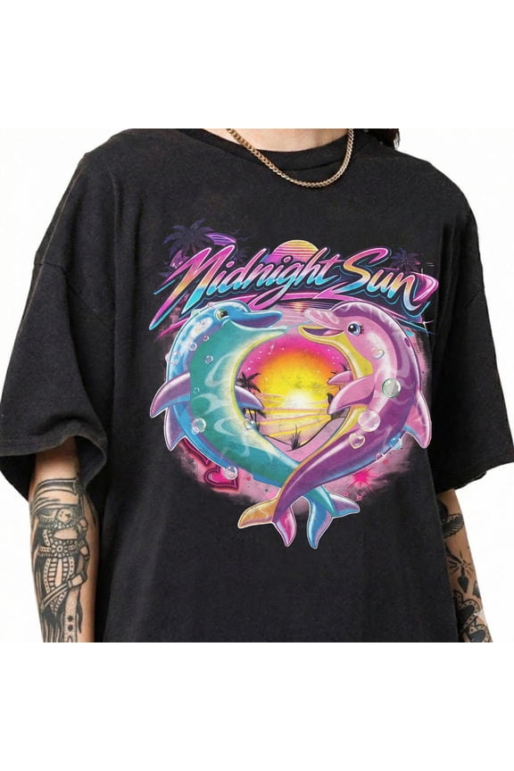 Comfort Colors Vintage Zara Merch Midnight Sun Dolphin Graphic T-Shirt, Retro Larsson Pop Concert Tee Multi