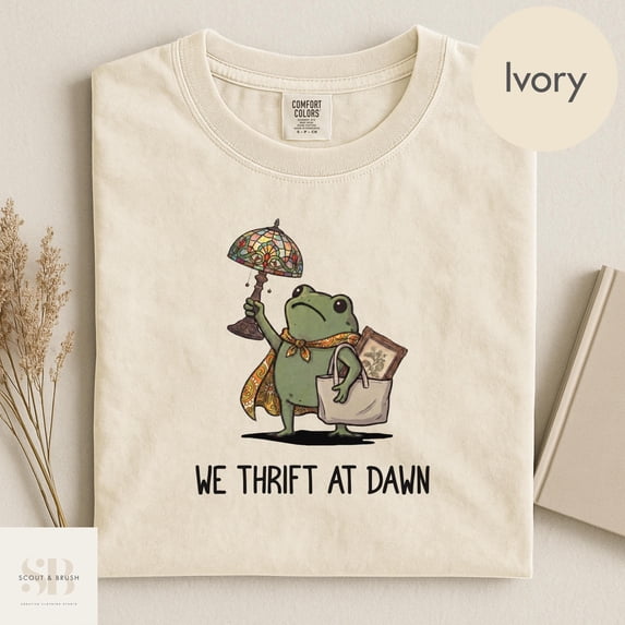 Color A Frog Comfort Colors We Thrift At Dawn Shirt, Funny Frog Meme Thrifting Tee ...