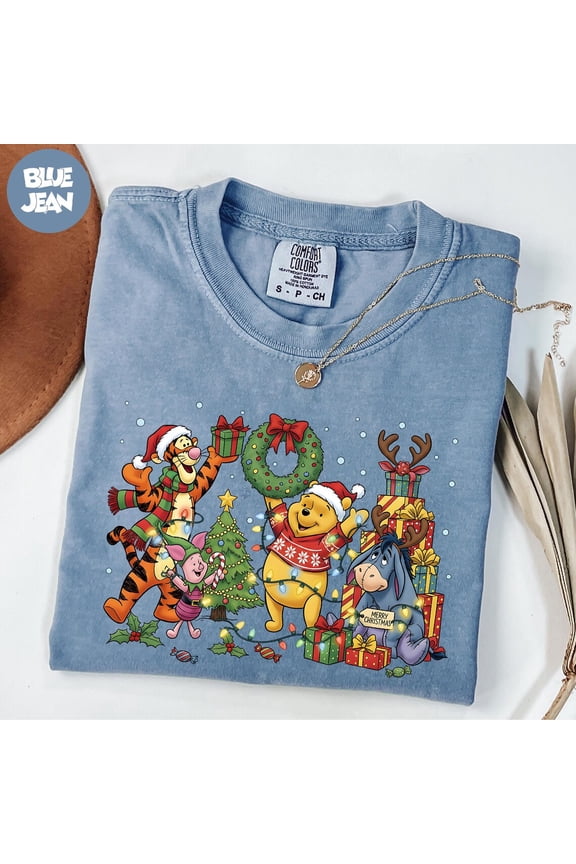 Comfort Colors Winnie The Pooh Christmas T-Shirt, Disney Christmas Party, Tigger and Piglet Christmas, Merry Christmas Shirt,Blue Jean Color,Size 2XL