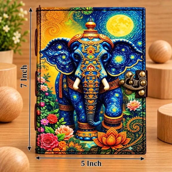 Comfort Crew Elephant Design Leather Journal, Hardcover Diary with Antique Metal Lock