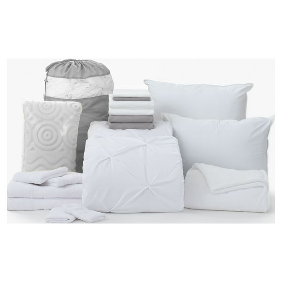 The Comfort Dorm Essentials Value Pack in Whitney White, 19-Piece College Dorm Bedding Comforter Set, Twin XL, Includes Bonus Topper, 2 Pillows, Storage Set and 100% Cotton Towel Sets by Dawn