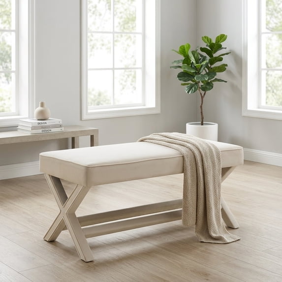 Comfort Double Bench Ottoman with Velvet Upholstery and Stylish X-Crossed Legs, Beige