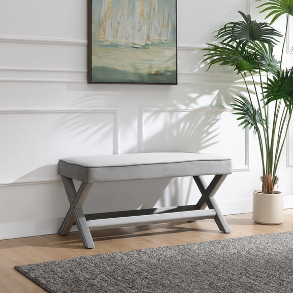 Comfort Double Bench Upholstered in Velvet Fabric,Stool with Stylish X-Crossed Legs,Comfort Cushion with piping,Velvet Light Grey