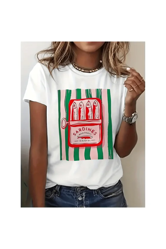 Comfort Fit Ladies Short Sleeve Top, Creative Sardine Pattern Crew Neck Machine Washable Casual Tee