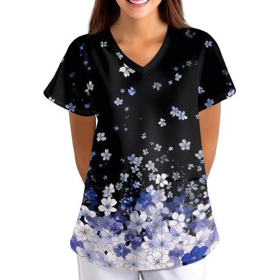 Comfort Fit Stretch Women's Plus Size V-neck Scrub Top Fashion Floral Print Working Uniform Nurse Uniform Tunic Comfortable Shirts Scrubs Pockets Scrub Tops