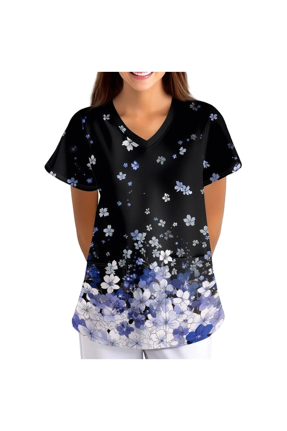 Comfort Fit Stretch Women's Plus Size V-neck Scrub Top Fashion Floral Print Working Uniform Nurse Uniform Tunic Comfortable Shirts Scrubs Pockets Scrub Tops