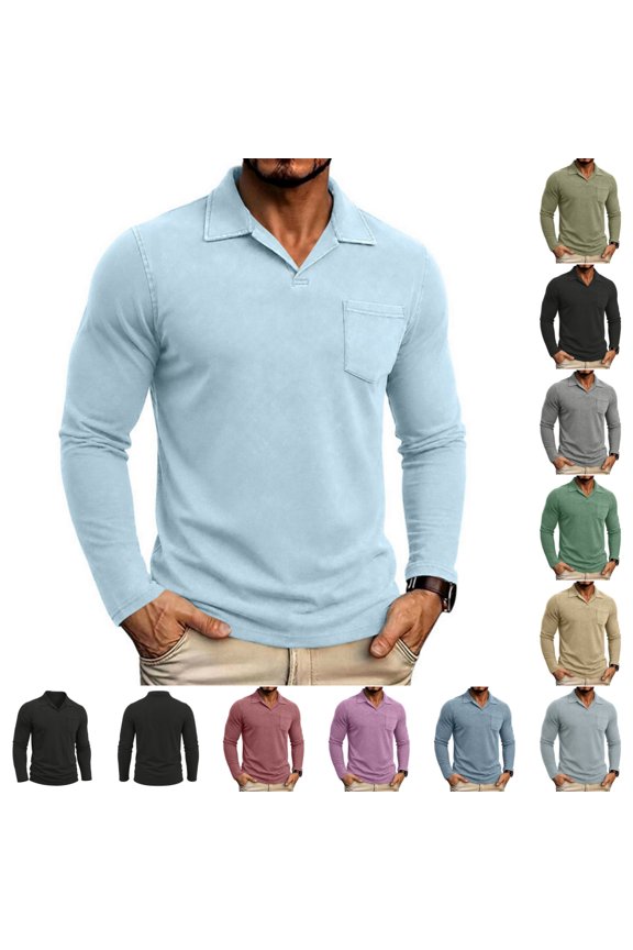 Comfort-Fit Washed Long Sleeve Polo for Men, Johnny Collar Casual Shirt with Single Chest Pocket for All-Season Smart Casual Outfits Light Blue XL