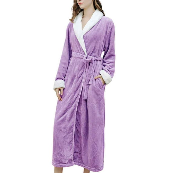 Comfort Flannel Long Bath Robes for Women Thicken Plush Fleece Bathrobe Long Sleeve Belted Soft Spa Lounge Sleepwear (Medium, Purple)