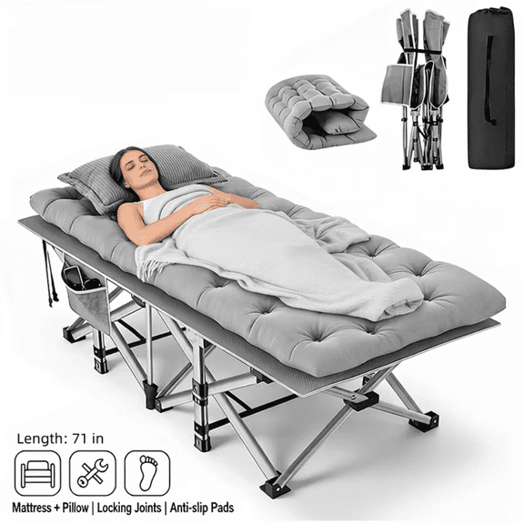 Comfort Folding Bed: A comfortable folding camping bed with an extra-large, thickened mattress. Portable guest bed with an ergonomic design and s