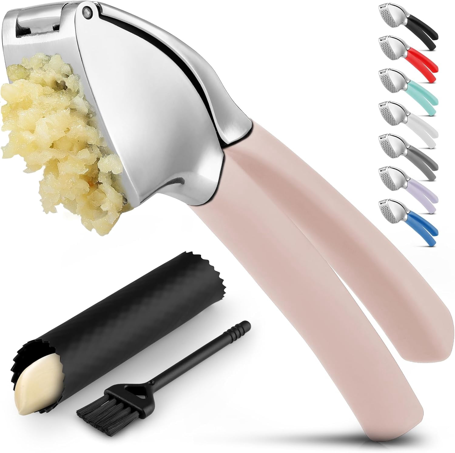 Comfort Grip Garlic Press - Mincer Tool Crusher Rust Proof, with Soft Ergonomic Handle, Easy Clean Set Peeler and Brush Light Pink