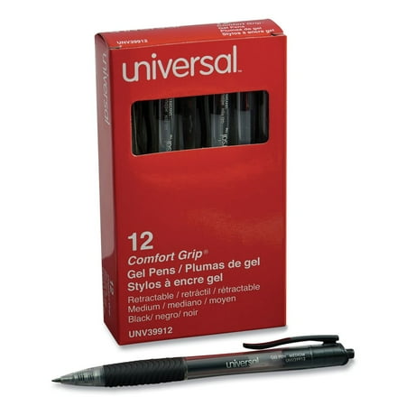 Universal UNV39912 0.7 mm. Medium Comfort Grip Retractable Gel Pen - Black Ink, Clear/Black Barrel (1-Dozen)