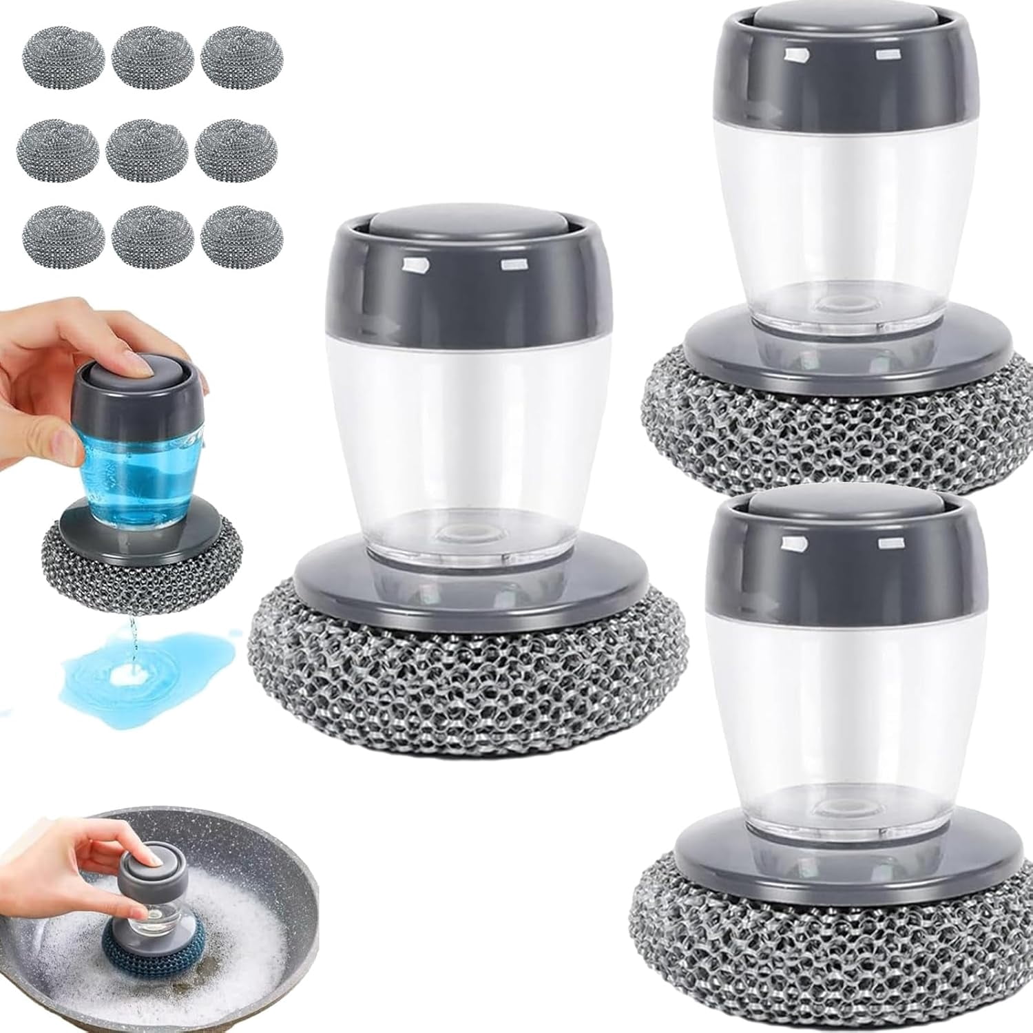 Comfort Grip Soap Dispensing Kitchen Scrub with 4 Cleaning Balls, Kitchen Scrub Brush Built-in Soap Dispenser, Press-Type Automatic Liquid Dispensing Dish Brush for Cleaning Dishes&Pots (3PCS)