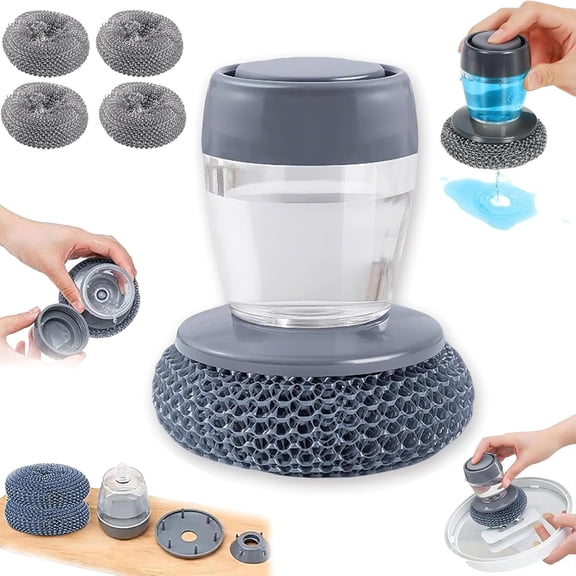 Comfort Grip Soap Dispensing Kitchen Scrub with 4 Cleaning Balls, Soap Dispensing Dish Brush, Replaceable Cleaning Brush, Non-Slip Handle for Cleaning Dishes, Pots (1pcs+4pcs Steel Wire Ball Brush)