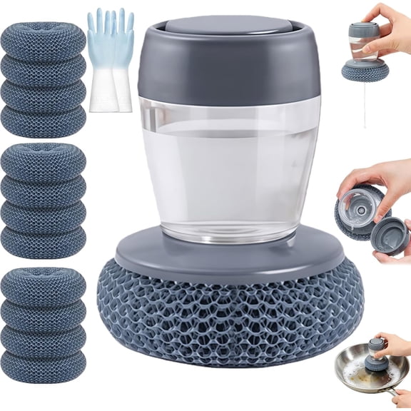 Comfort Grip Soap Dispensing Kitchen Scrub, Kitchen Scrub Brush with Built-in Soap Dispenser Without Soap with Replaceable Head, Non-Slip Handle for Cleaning Dishes for Cleaning Dishes (1+12Head)