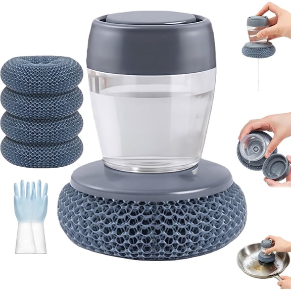 Comfort Grip Soap Dispensing Kitchen Scrub, Kitchen Scrub Brush with Built-in Soap Dispenser Without Soap with Replaceable Head, Non-Slip Handle for Cleaning Dishes for Cleaning Dishes (1+4Head)