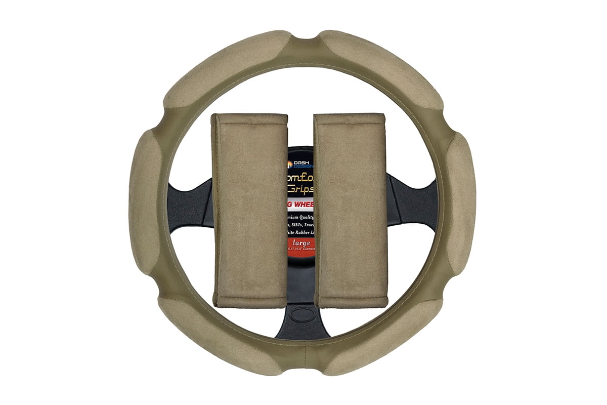 Comfort Grips Multi Grip Steering Wheel Cover / Seat Belt Cushions Combo Pack Large Tan
