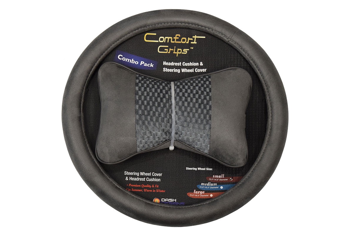Comfort Grips Ultra Plush Steering Wheel Cover / Headrest Combo Pack Medium Grey