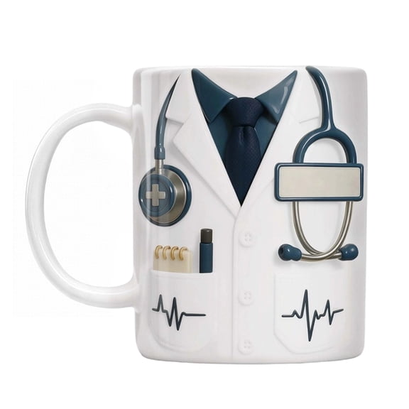 Comfort Handle Coffee Mug 3D Stethoscope and Heartbeat Pattern Ceramic Cup Personalize Name Gift for Doctors Nurses